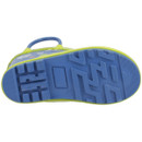 The image shows the underside of a child's boot with a vibrant blue sole and textured tread pattern, featuring a lime green edge and a handle.