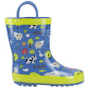 Blue children's rain boot with farm animal illustrations, including cows, sheep, and chickens. Accents are neon yellow, with a playful and cheerful tone.