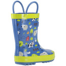 Blue children's rain boot with farm-themed illustrations, including sheep, cows, and trees. It features yellow trim and handles, conveying a playful tone.