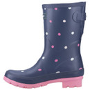 Blue rain boot with pink sole and polka dots in white and pink. The boot has a playful, cheerful design, conveying a fun, casual tone.