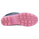 The image shows the pink sole of a blue boot with a textured tread pattern for grip. The boot features white polka dots and a buckle near the top.