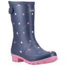 Blue rain boot with white and pink polka dots, featuring a pink sole. Labelled with a brand name near the top. Fun and playful design.