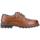 Brown leather brogue shoe with intricate perforations, sturdy sole, and dark laces. A gold "waterproof" tag suggests functionality and elegance.