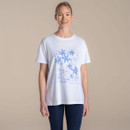 Woman wearing a white short-sleeve T-shirt with blue floral graphic print, shown from the front on a beige studio background.