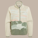 Flat lay front view of women’s borg fleece half-snap pullover in cream with sage green landscape print, funnel neck and popper fastening.