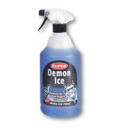Blue spray bottle labeled "CarPlan Demon Ice" with a cartoon devil. Text: "Prevents Overnight Freezing. Melts Ice Fast!" White background.