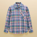 Flat lay of a women’s pastel blue tartan check long-sleeve shirt with button front and chest pocket on a neutral background.