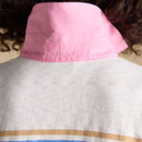 Close-up of the back of the pink collar on a Joules striped rugby polo top, featuring subtle “JOULES” embroidery.
