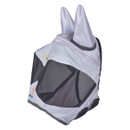 White and grey horse fly mask with black mesh face panel and ear covers photographed on a plain white background.