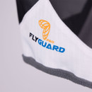 Close-up of the Flyguard Pro logo on the white fly mask material with grey fleece edging.