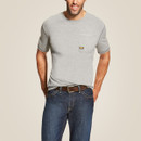 Studio shot of a model wearing a heather gray short-sleeve pocket T-shirt with blue jeans and a brown belt on a light background.