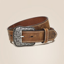 Brown leather belt with white contrast stitching, shown coiled on a light background with an ornate silver engraved buckle and leather keeper loop.