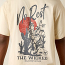 Close-up of the back graphic reading “No Rest for the Wicked,” featuring a cowboy on horseback with a red sun and desert cacti.