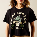 Close-up of the black tee’s “Ariat Boot Co.” cactus-in-cowboy-hat graphic on the front.