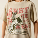 Close-up of “Best in the West” graphic on beige T-shirt showing bull rider illustration and Ariat logo detail.