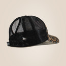 Back view of black mesh trucker cap with adjustable snap closure and cheetah print brim.