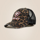 Front view of black mesh trucker cap with cheetah print front panel and embroidered Ariat logo.