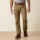 Front view from waist to boots of khaki work pants with a brown belt and side utility pocket detail.