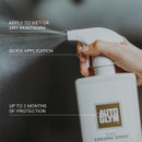 Autoglym Rapid Ceramic Spray being applied from a trigger bottle, with on-image text explaining wet or dry application and up to three months’ protection.