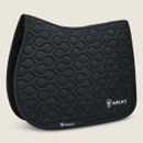 Black quilted saddle pad with a hexagonal pattern, featuring white "ARIAT" logo on the lower corner. The design is sleek and modern against a beige background.