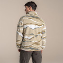 Rear view of a male model wearing the patterned fleece, showing the all-over design across the back.
