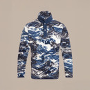 Navy and white patterned Craghoppers fleece shown from the front on a plain background, with stand collar, stud placket and long sleeves.