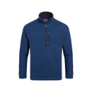 Product-only front view of the blue long-sleeve half-zip fleece with high collar and zipped chest pocket.