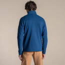 Rear full-length view of the blue half-zip fleece, showing the back panel and high collar.