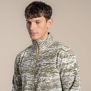 Close-up of the half-zip neckline and Craghoppers logo on the chest of the patterned fleece.