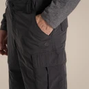 Close-up of front pocket with embroidered logo on dark grey Nosilife cargo shorts.