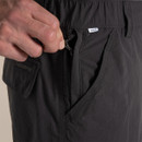 Close-up of zipped security pocket on dark grey Nosilife cargo shorts.