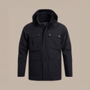 Navy hooded jacket laid flat on a plain background, showing the full front design and pockets.