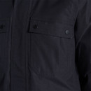 Close-up of the upper chest pocket flap on the navy jacket with branded popper.