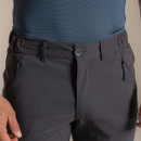 Close-up of the dark lead short waistband with branded button, belt loops and zipped pockets.