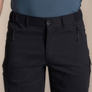 Close-up of the black shorts waistband with button fastening, belt loops, elasticated sides and zipped hand pockets.