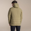 Back view of the model wearing the cardamom hooded insulated jacket, showing the hood and quilted baffles.