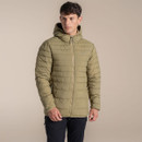 Front view of the model wearing the cardamom hooded insulated jacket with zipped pockets.