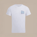 White crew-neck T-shirt on beige background with small blue mountain graphic and “Craghoppers” text on the left chest.