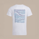 Back view of white T-shirt on beige background showing a large blue mountain-shaped typographic print with “CRAGHOPPERS” across the top.