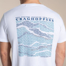 Close-up of the back print on the white T-shirt: large blue mountain-shaped text graphic with “CRAGHOPPERS” at the top and “Established 1965” at the bottom.