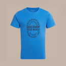 Bright blue Craghoppers short-sleeve T-shirt with large circular “Discover Your World” graphic on the chest, on a beige background.