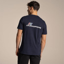 Rear view of a male model wearing the navy Craghoppers T-shirt, showing a large Craghoppers logo across the upper back, on a beige background.