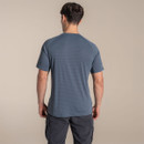 Back view of model wearing blue-grey striped Craghoppers NosiLife SolarShield+ T-shirt.