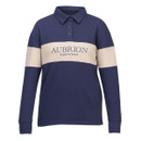 Navy and beige Aubrion Equestrian colour-block long sleeve polo top with collar and button placket, shown on a white background.