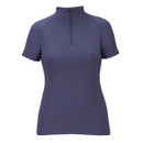 Women’s short-sleeve riding base layer top in navy blue with half zip and high neck, front view on a white background.