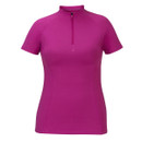 Women’s short-sleeve riding base layer top in fuchsia with half zip and high neck, front view on a white background.