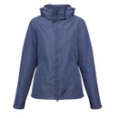 Women’s navy blue hooded waterproof jacket with full-length zip and storm flap, front view on a white background.