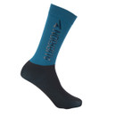 Teal and black Aubrion long riding sock with large vertical Aubrion logo on the calf, studio shot on white background.