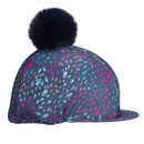 Side view of navy horse riding helmet cover featuring a multicolour firework pattern and black faux fur pom pom.