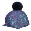 Navy equestrian riding hat cover with multicolour firework print and large black faux fur pom pom on top.